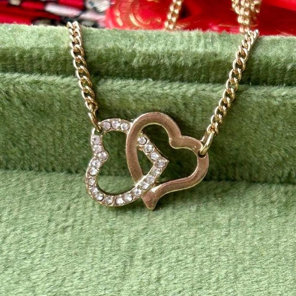 Gold Tone Interlocking Heart Rhinestone Necklace - Picture 4 of 8